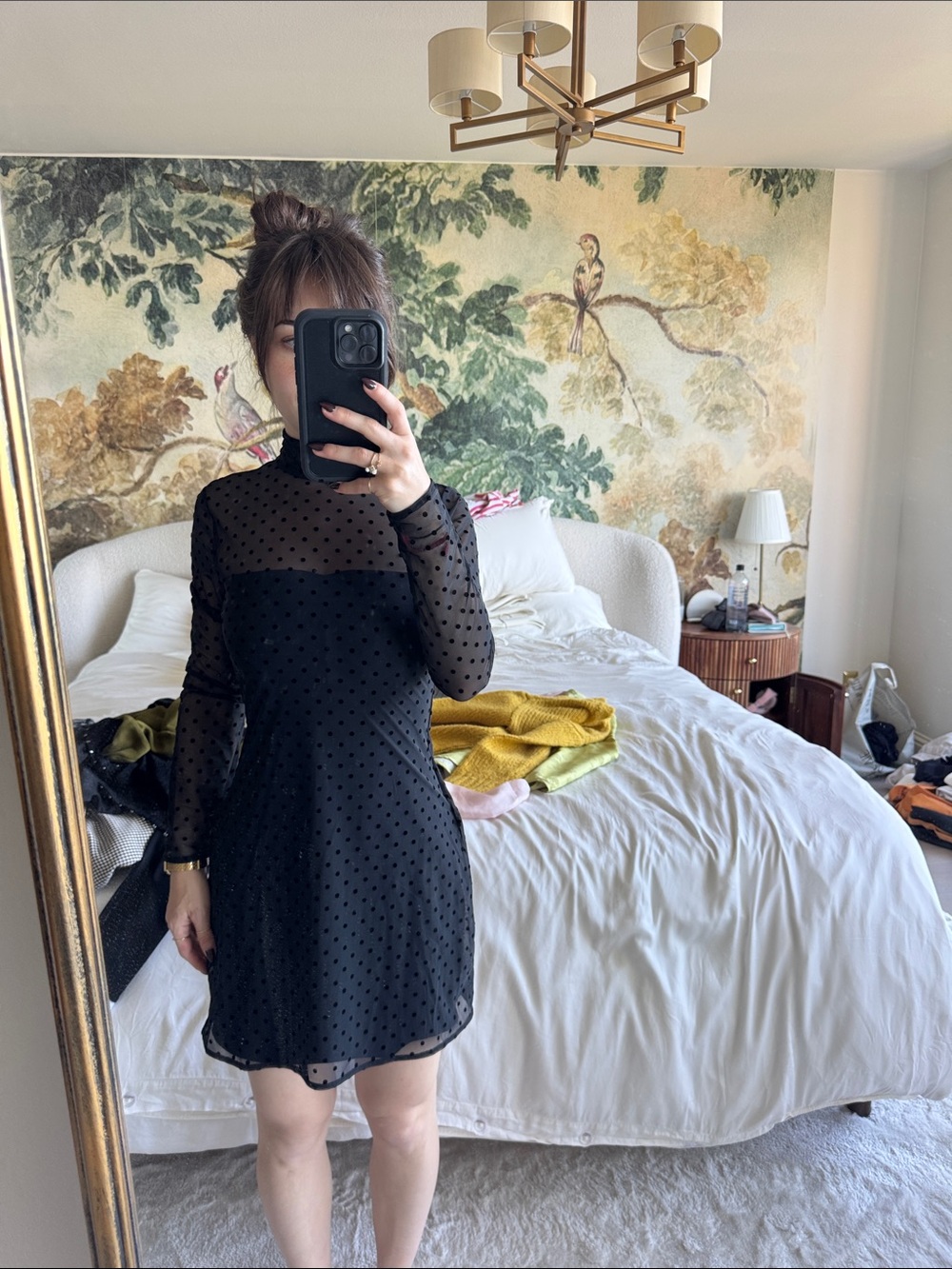 Abercrombie & Fitch Black Sheer Polka Dot Long Sleeve Mini Dress